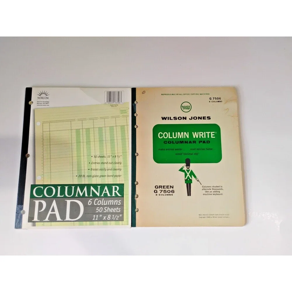 Set of 2 vintage accounting ledgers, both 6-column, 50 pages, green  New